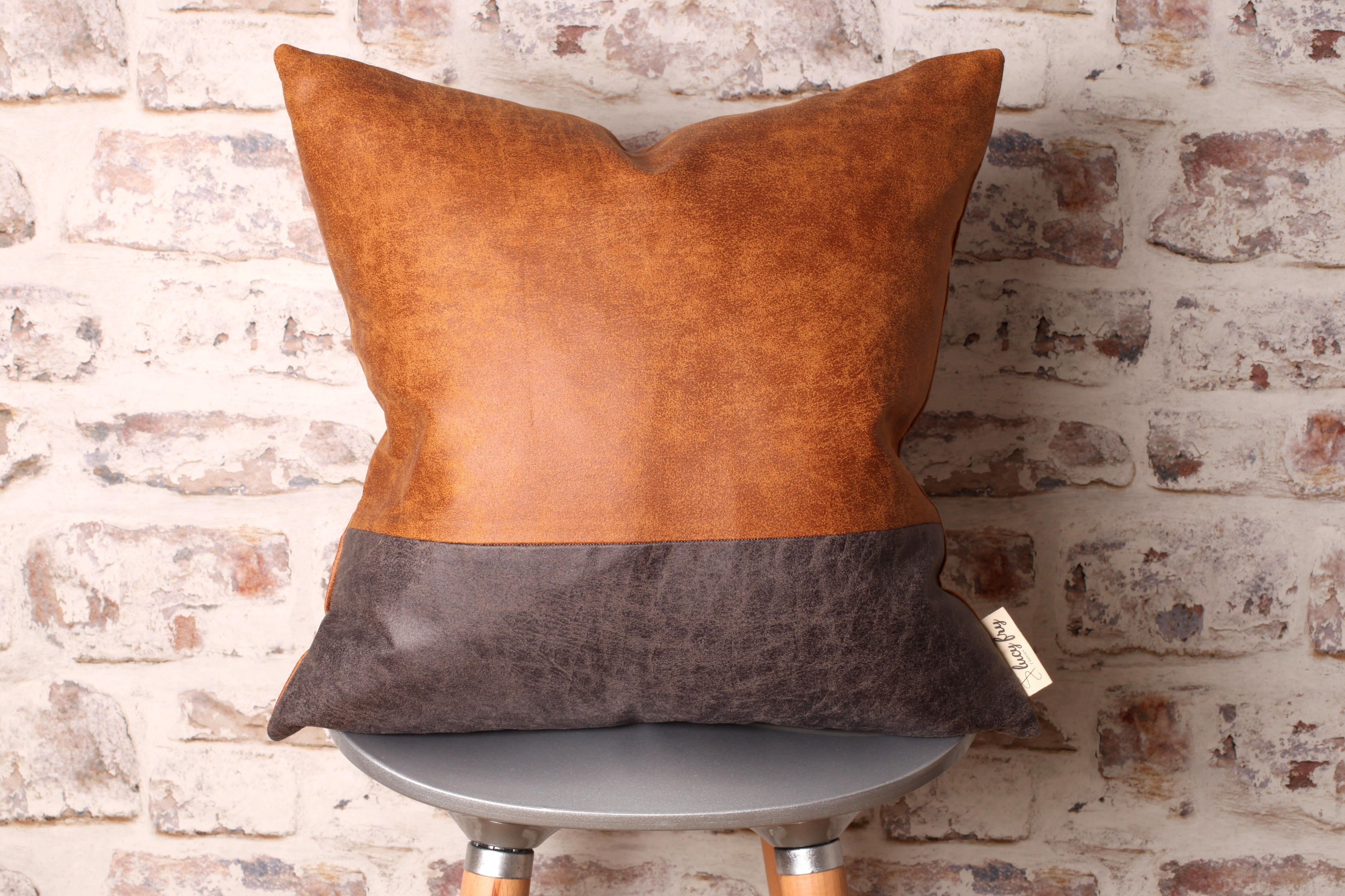 Steel Grey Faux Leather Cushion, Brown Leather Pillow